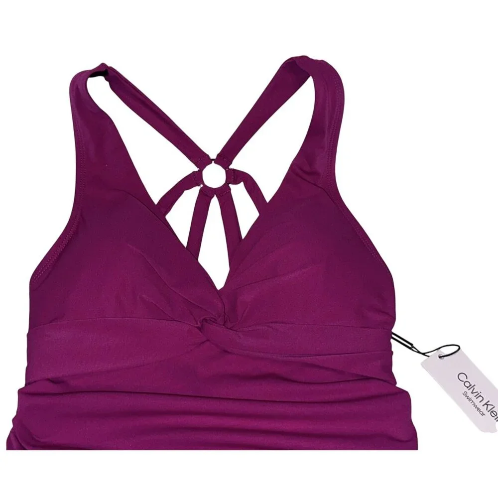 Calvin Klein 10 Boysenberry Cutout Ring Back Twist-Front Swimwear One-Piece Swim_6
